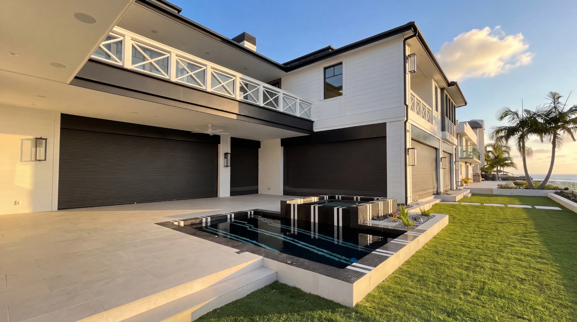 White two-story coastal home with dark roll shutters lowered across the covered patio, beside a pool and lawn facing the ocean
