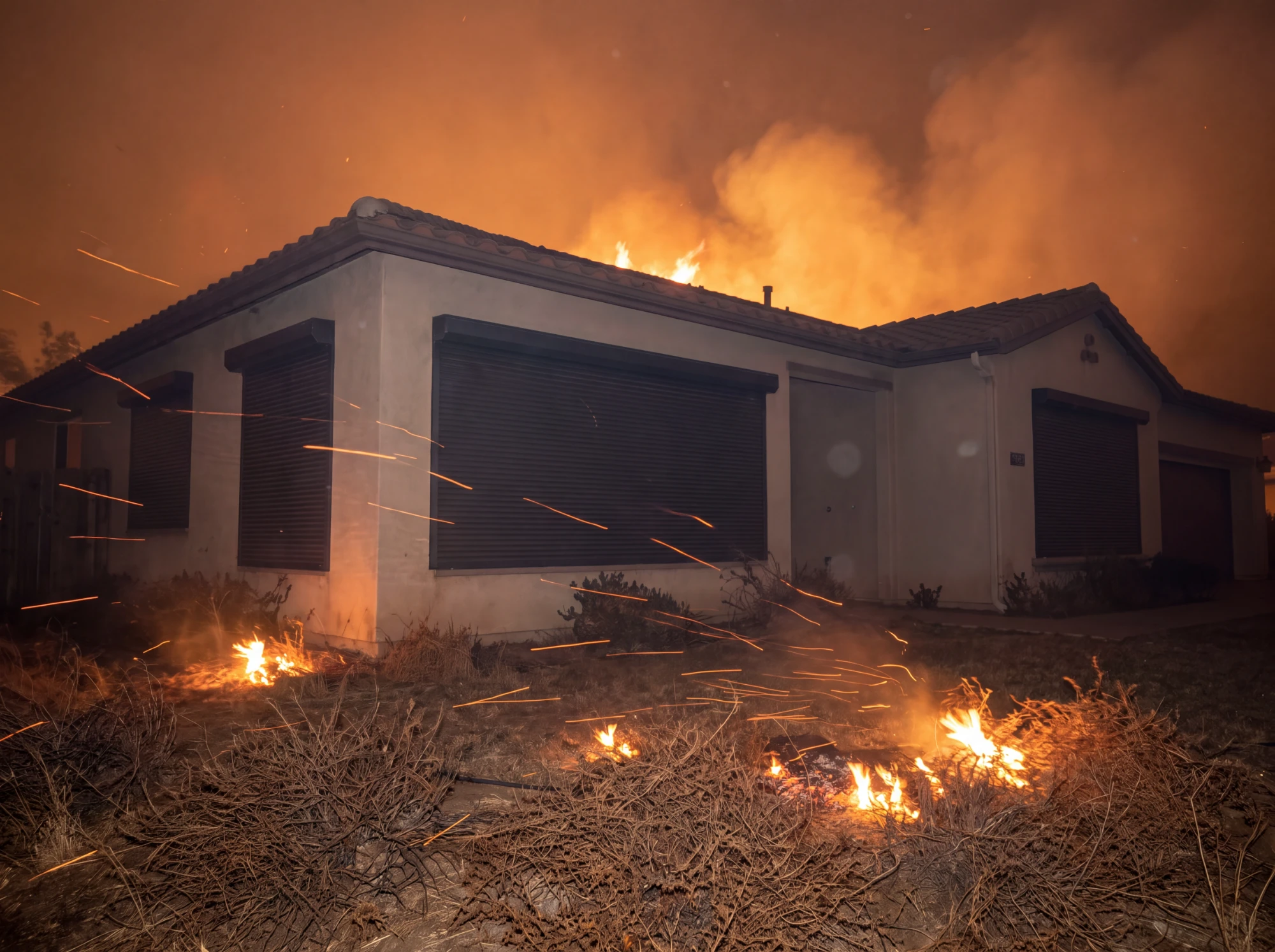 Home with every window shuttered as wind-blown embers and spot fires surround it