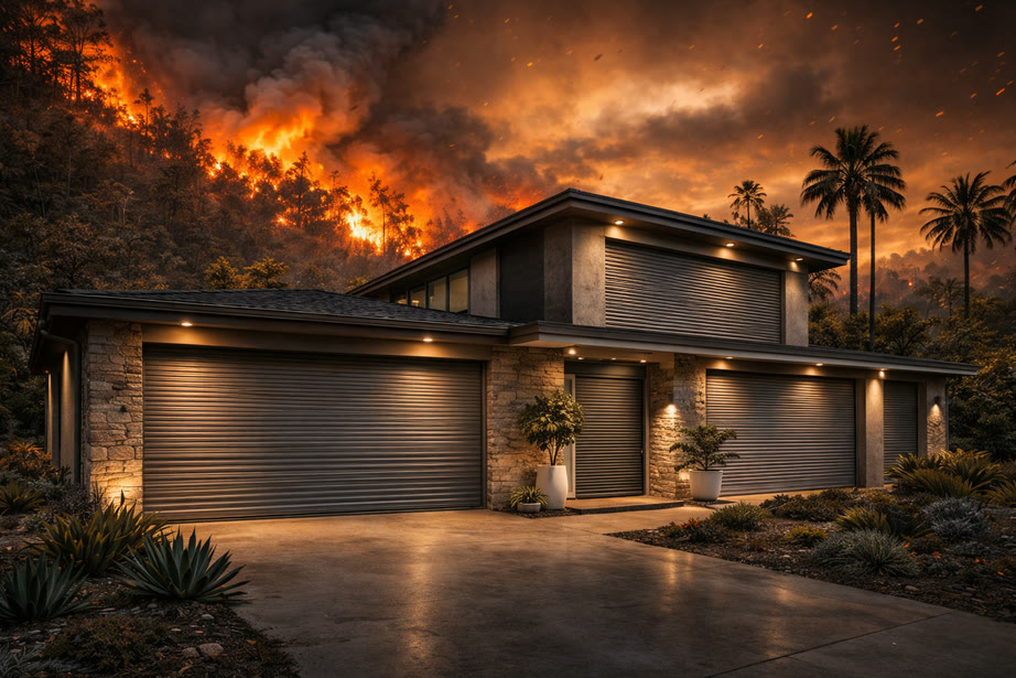 Modern stone-and-stucco home with every window and garage sealed by roll shutters as a wildfire burns on the hillside